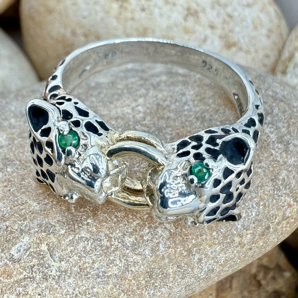 JED Joseph DeMarco Double Panther Ring 925 Sterling Genuine Emerald Eyes Sz 8 - Picture 1 of 16